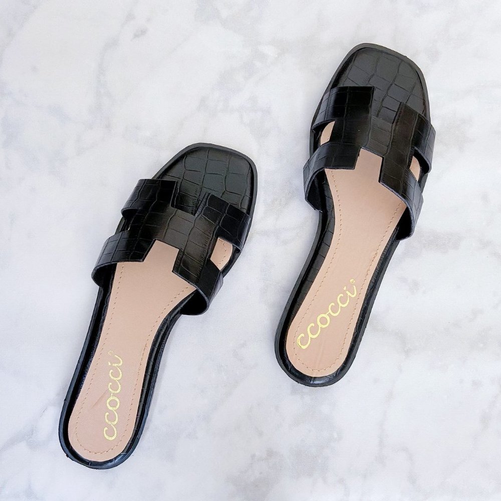 NEW Ccocci Croc Embossed Vegan Leather H Band Slide Slip On Comfy Sandals Shoes